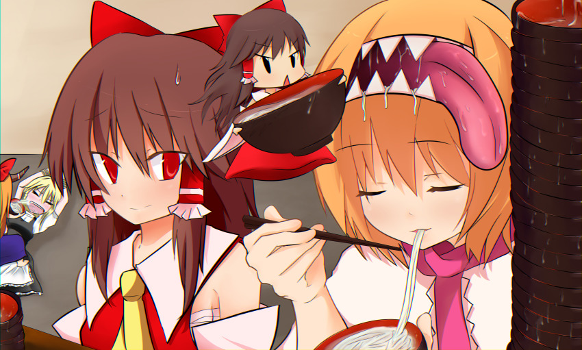 5girls absurdres alice_margatroid arms_up ascot bad_id bad_pixiv_id black_dress blonde_hair blouse blush bound bound_wrists bow bowl brown_hair capelet chopsticks closed_eyes closed_mouth commentary_request cookie_(touhou) dress eating extra_mouth eyes_visible_through_hair food frilled_hair_tubes frills hair_between_eyes hair_bow hair_tubes hakurei_reimu highres hinase_(cookie) holding holding_chopsticks horns ibuki_suika kirisame_marisa long_hair looking_at_another looking_to_the_side medium_hair mini_person minigirl multiple_girls mumu_(0x3777) noodles open_mouth orange_hair parody pink_ascot purple_skirt red_bow red_dress red_eyes red_shirt reu_(cookie) sakenomi_(cookie) sarashi shirt short_hair skirt sleeveless sleeveless_shirt smile soba style_parody teeth tongue touhou upper_body uzuki_(cookie) wanko_soba white_capelet white_shirt yamin_(cookie) yellow_ascot
