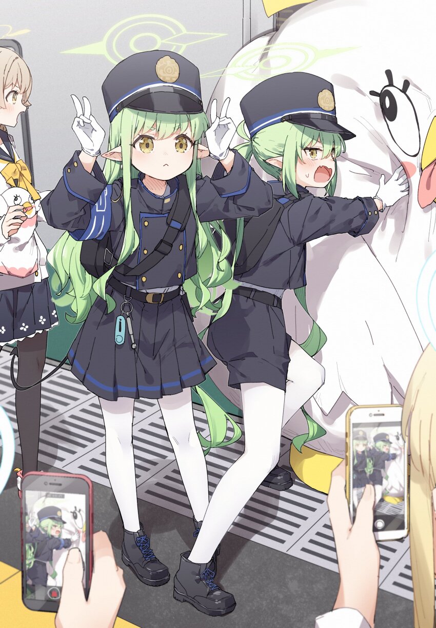 1other 4girls absurdres belt black_belt black_hat black_jacket black_pantyhose black_shoes black_shorts black_skirt black_tail blue_archive blush brown_hair cardigan cellphone closed_mouth demon_tail double_v fang gloves green_hair green_halo halo hat hifumi_(blue_archive) highres hikari_(blue_archive) holding holding_phone jacket long_hair long_sleeves low_twintails multiple_girls nozomi_(blue_archive) open_mouth pantyhose peaked_cap peroro_(blue_archive) phone pleated_skirt pointy_ears rabbit_pose shoes shorts siblings sidelocks sisters skin_fang skirt smartphone tail twins twintails v white_cardigan white_gloves white_pantyhose yellow_eyes yellow_halo yukie_(kusaka_shi)