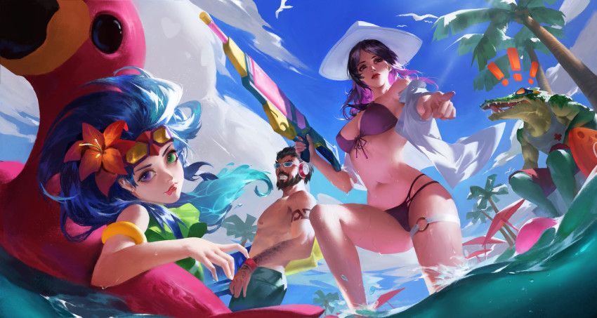 2boys 2girls :p armband ball beachball beard bikini bird blue_hair blue_male_swimwear blue_sky blue_swim_trunks breasts brown_hair caitlyn_(league_of_legends) cleavage day facial_hair flamingo flower graves_(league_of_legends) green_eyes green_one-piece_swimsuit hair_flower hair_ornament hat headphones heterochromia highres lao_wang league_of_legends long_hair male_swimwear medium_breasts multiple_boys multiple_girls mustache navel one-piece_swimsuit open_clothes outdoors partially_submerged pointing pointing_at_viewer pool pool_party_caitlyn pool_party_graves pool_party_renekton pool_party_zoe poolside purple_eyes purple_hair red_male_swimwear red_swim_trunks renekton sharp_teeth short_hair sitting sky sunglasses swim_trunks swimsuit tank_top teeth tongue tongue_out topless_male tree water water_gun zoe_(league_of_legends)