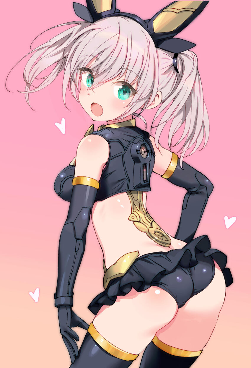 1girl 30_minutes_sisters absurdres ass black_panties breasts commentary_request copyright_request elbow_gloves frilled_panties frills gloves gradient_background green_eyes grey_hair headgear heart highres joints looking_at_viewer looking_back medium_breasts medium_hair open_mouth panties robot_joints shimada_fumikane smile solo thighhighs tukirna-diearth twintails underwear