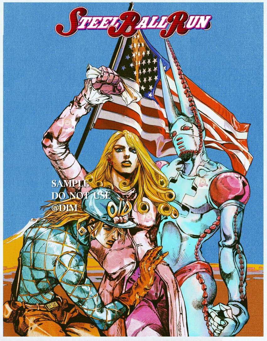 1other 2024_attempted_assassination_of_donald_trump 2boys american_flag animal_ears araki_hirohiko_(style) argyle_clothes argyle_sweater arm_up belt blonde_hair blood blue_eyes blue_skin blue_sweater brown_belt brown_gloves brown_pants coat colored_skin commentary compound_eyes curly_hair desert diego_brando dim_7976 dirty_deeds_done_dirt_cheap english_commentary fake_animal_ears flag funny_valentine gloves highres holding holding_napkin jojo_no_kimyou_na_bouken logo long_hair long_sleeves looking_at_viewer makeup male_focus mask meme mouth_mask multiple_boys outdoors pants pink_coat pink_pants rabbit_ears red_eyes stand_(jojo) star_(symbol) star_print steel_ball_run sweater traditional_media united_states