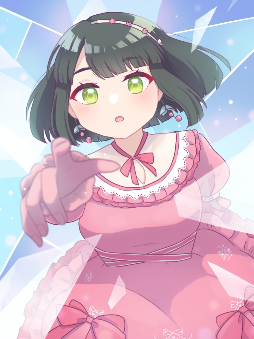 1girl :o absurdres black_hair blue_background blunt_bangs blunt_ends blush bob_cut breasts broken_glass commentary_request cowboy_shot dress earrings fingerless_gloves flower_earrings flower_hairband frilled_dress frills glass gloves green_eyes hairband highres jewelry link!_like!_love_live! love_live! medium_breasts miyaco_(shirataki_168) momose_ginko official_alternate_costume open_mouth pink_dress pink_gloves pink_hairband reflection_in_the_mirror_(love_live!) short_hair solo virtual_youtuber