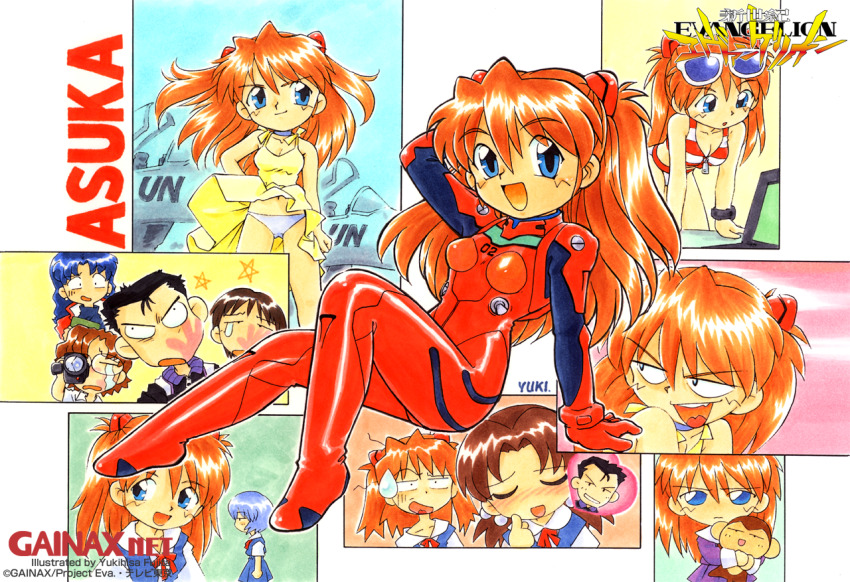 3boys 4girls :d aged_down aida_kensuke arm_behind_head arm_support artist_name ayanami_rei bikini black_hair blue_choker blue_dress blue_eyes blue_hair blush bodysuit breasts brown_hair character_name chibi choker closed_eyes closed_mouth collared_shirt company_name copyright_name copyright_notice crying dress earrings eyewear_on_head fujita_yukihisa hair_between_eyes hair_bobbles hair_ornament heart holding holding_stuffed_toy horaki_hikari ikari_shinji jacket jewelry katsuragi_misato logo long_hair looking_at_another looking_at_viewer looking_down looking_to_the_side mecha_pilot_suit medium_breasts multiple_boys multiple_girls multiple_views neon_genesis_evangelion official_art open_mouth orange_hair panties plugsuit_(evangelion) purple_shirt purple_skirt red_bikini red_bodysuit red_jacket school_uniform shirt short_hair signature sitting skirt slap_mark smile souryuu_asuka_langley standing star_(symbol) striped_bikini striped_clothes stuffed_monkey stuffed_toy sundress sunglasses suzuhara_touji sweatdrop swimsuit tearing_up third-party_source turtleneck two_side_up underwear v-shaped_eyebrows video_camera watch white_bikini white_panties white_shirt wristwatch yellow_dress
