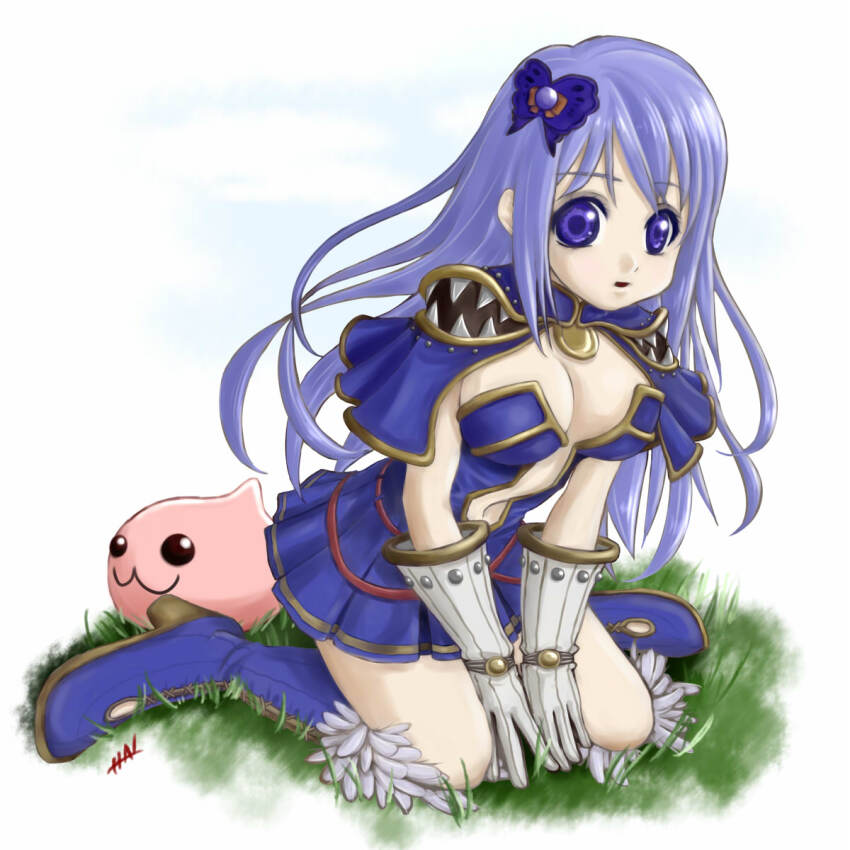 1girl :3 alternate_color blue_boots blue_dress blue_eyes blue_hair boots breasts commentary_request creator_(ragnarok_online) dress full_body fur-trimmed_boots fur_trim gloves grass hal_masquerade highres large_breasts long_hair looking_at_viewer navel open_mouth plunging_neckline poring purple_eyes ragnarok_online short_dress simple_background sitting slime_(creature) solo wariza white_background white_gloves