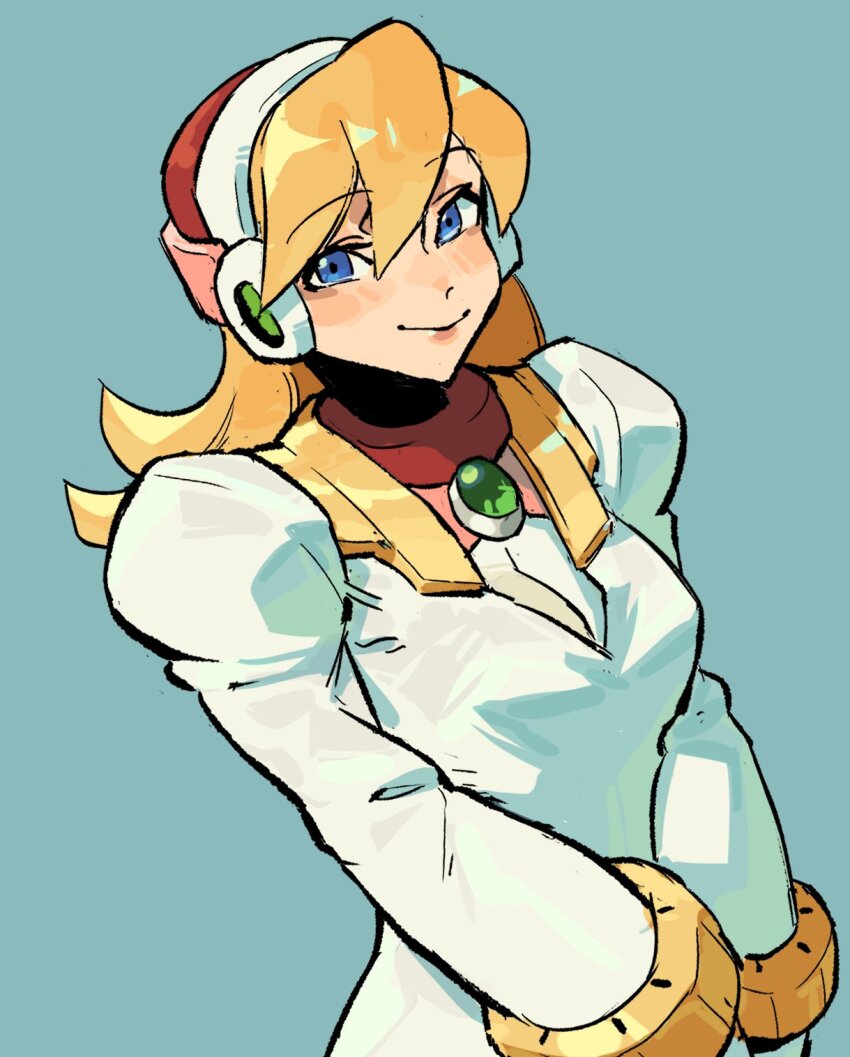 1girl alia_(mega_man) blonde_hair blue_eyes breasts cleavage commentary dress english_commentary headgear highres large_breasts long_hair mega_man_(series) mega_man_x6 mega_man_x_(series) nycnouu see-through_clothes see-through_cleavage smile solo upper_body white_dress