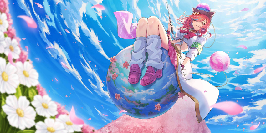 1girl alternate_costume armband baton_(weapon) blue_sky bow bowtie chain closed_mouth cloud day earth_(ornament) expandable_baton falling_petals flower flower_request game_cg gold_chain green_armband hecatia_lapislazuli highres holding_baton_(weapon) leg_warmers loafers long_hair looking_at_viewer loose_bowtie midriff moon_(ornament) official_art outdoors petals pink_petals pink_shoes pink_skirt plaid_clothes plaid_skirt pleated_skirt re_(re_09) red_bow red_bowtie red_hair school_uniform shirt shoes sitting skirt sky sleeves_rolled_up smile solo third-party_source touhou touhou_lostword underworld_(ornament) weapon white_flower white_leg_warmers white_shirt