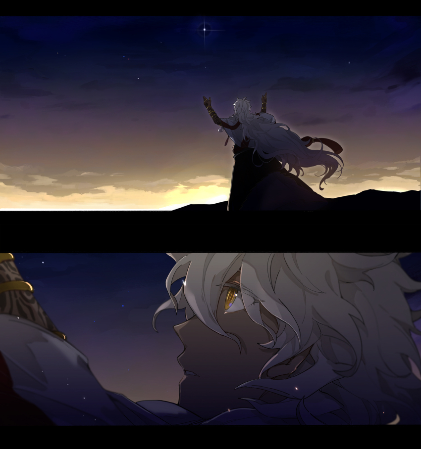 1boy \o/ arm_tattoo arms_up bracelet chinese_commentary commentary_request dark-skinned_male dark_skin fate/grand_order fate_(series) from_behind hair_between_eyes hand_tattoo highres jewelry long_hair looking_up male_focus multiple_rings multiple_views outdoors outstretched_arms parted_lips ring ruoyin sky solomon_(fate) star_(sky) starry_sky tassel tattoo thumb_ring twilight very_long_hair white_hair yellow_eyes