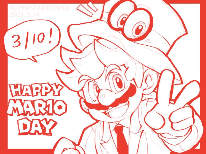 1boy cappy_(mario) cool_mita_(miside) facial_hair grin hat highres looking_at_viewer male_focus mario mario_(series) mita_(miside) mustache nintendo smile speech_bubble star_yoshi super_mario_odyssey v