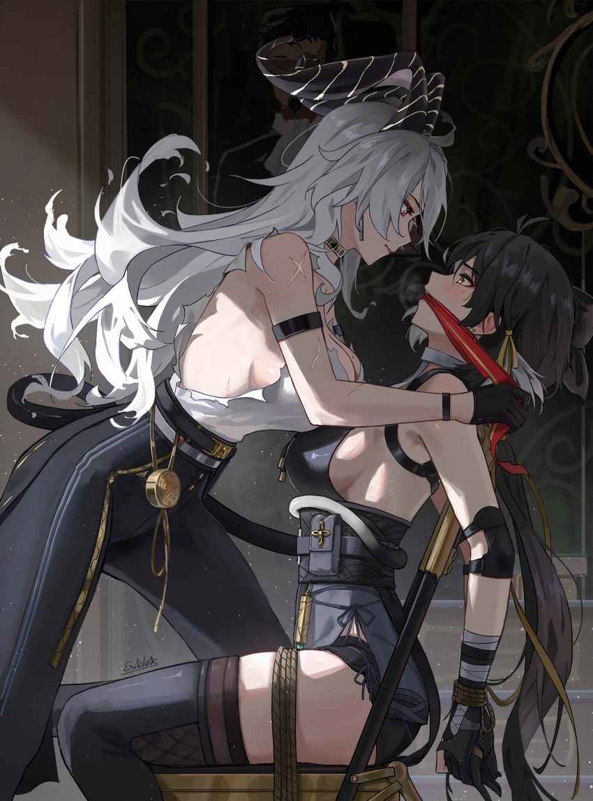 2girls arm_strap bandaged_arm bandages bare_shoulders black_choker black_dress black_gloves black_hair black_horns black_pants black_shorts black_tail black_thighhighs boots bound bound_wrists breasts choker commentary curled_horns dress earrings elbow_pads english_commentary erikvarts eye_contact female_rover_(wuthering_waves) from_side gloves hair_ribbon high-waist_pants highres horns jewelry key_earrings large_breasts long_hair looking_at_another multiple_girls pants red_eyes ribbon rover_(wuthering_waves) shirt shirt_tucked_in shorts signature sitting sleeveless sleeveless_dress thigh_boots thighhighs thighhighs_under_boots tight_clothes tight_pants torn_clothes torn_shirt very_long_hair white_hair white_shirt wuthering_waves yellow_eyes yellow_ribbon yuri zani_(wuthering_waves)