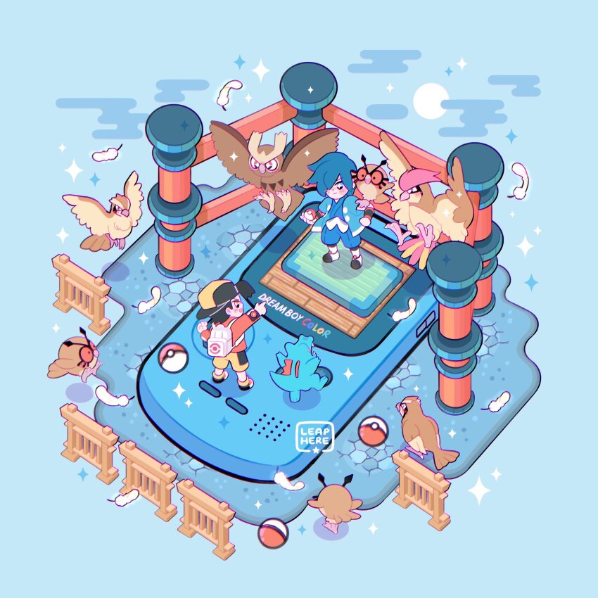 2boys artist_name backpack bag commentary ethan_(pokemon) falkner_(pokemon) feathers game_boy game_boy_color gen_1_pokemon gen_2_pokemon handheld_game_console hat highres holding holding_poke_ball hoothoot jacket leaphere male_focus multiple_boys nintendo noctowl open_clothes open_jacket pidgeotto pidgey pointing poke_ball poke_ball_(basic) pokemon pokemon_(creature) pokemon_gsc red_jacket shoes short_hair shorts sparkle standing totodile white_bag wristband yellow_shorts