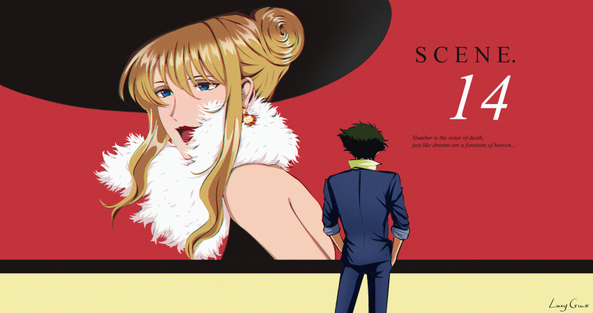 absurdres blonde_hair blue_eyes couple cowboy_bebop curly_hair green_hair highres julia_(cowboy_bebop) lucyguusi spike_spiegel