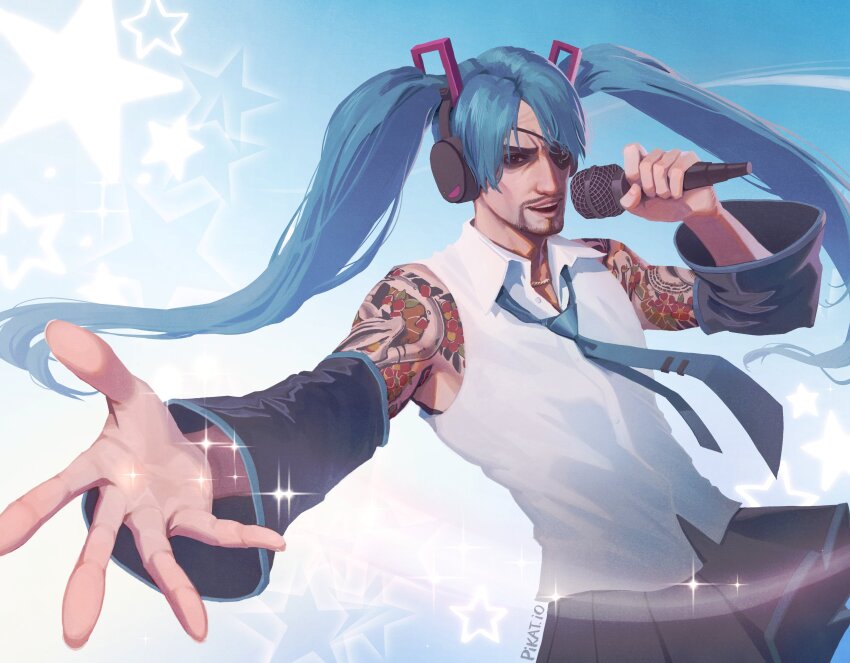 1boy absurdres aqua_eyes aqua_hair aqua_necktie bare_shoulders black_sleeves cosplay detached_sleeves eyepatch facial_hair goatee hatsune_miku hatsune_miku_(cosplay) headset highres holding holding_microphone long_hair majima_everywhere majima_goro male_focus microphone music necktie pikat ryuu_ga_gotoku_(series) singing skirt star_(symbol) tattoo twintails very_long_hair vocaloid