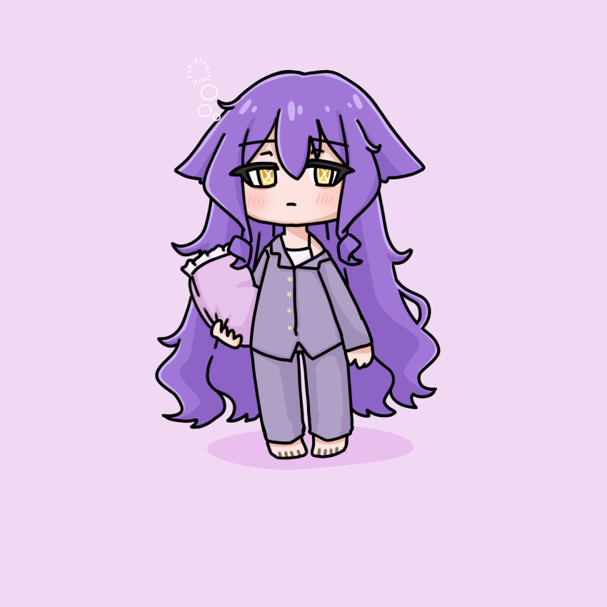 1girl bare_shoulders blush camisole chibi closed_mouth collared_shirt commentary_request dress_shirt frilled_pillow frills full_body grey_pajamas grey_pants grey_shirt hair_between_eyes highres holding holding_pillow honkai_(series) honkai_impact_3rd long_hair looking_at_viewer mokkyo_(motkyo) off_shoulder pajamas pants pillow pink_background purple_hair shadow shirt simple_background sirin solo standing very_long_hair white_camisole yellow_eyes