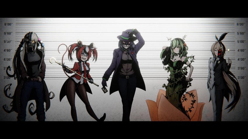 5girls absurdres artist_request bane batman_(series) black_hair breasts brown_hair card ceres_fauna coin coin_flip cosplay crossover dark-skinned_female dark_skin dc_comics dress flower formal_clothes glasses green_hair hakos_baelz hat highres holocouncil hololive hololive_english joker_(playing_card) large_breasts letterboxed mask medium_breasts mugshot multicolored_hair multiple_girls nanashi_mumei ouro_kronii pantyhose plant plant_roots playing_card poison_ivy red_hair scarecrow_(batman) small_breasts smile suit tail the_joker the_riddler tsukumo_sana twintails two-face two-tone_hair virtual_youtuber white_hair