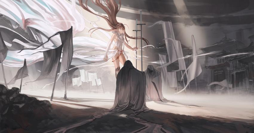 1girl absurdres banner bracelet breasts brown_eyes brown_hair cloak danzir elbow_gloves fingerless_gloves floating gloves highres jewelry large_breasts leotard long_hair original scenery shadow solo sunlight thighs very_long_hair wind
