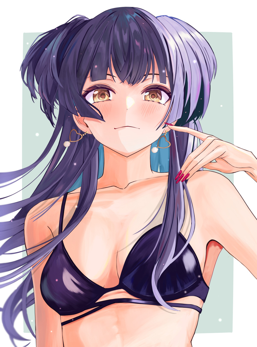 1girl absurdres armpits bikini black_bikini black_hair blush breasts brown_eyes cleavage closed_mouth collarbone commentary_request earrings heart heart_earrings highres idolmaster idolmaster_shiny_colors jewelry light_particles long_hair looking_at_viewer mayuzumi_fuyuko red_nails sideboob small_breasts smile solo swimsuit upper_body wind yamanade38 yellow_eyes