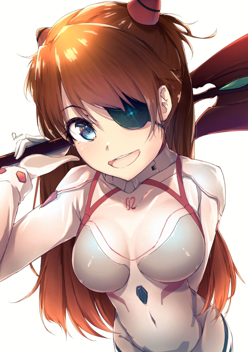 1girl artist_name blue_eyes blush bodysuit breasts clothes_writing dermar evangelion:_3.0+1.0_thrice_upon_a_time eyepatch gloves highres holding holding_weapon interface_headset_(evangelion) long_hair looking_at_viewer mecha_pilot_suit medium_breasts neon_genesis_evangelion open_mouth orange_hair plugsuit_(evangelion) polearm rebuild_of_evangelion simple_background skin_tight smile solo souryuu_asuka_langley spear spear_of_cassius two_side_up very_long_hair weapon white_background white_bodysuit white_gloves