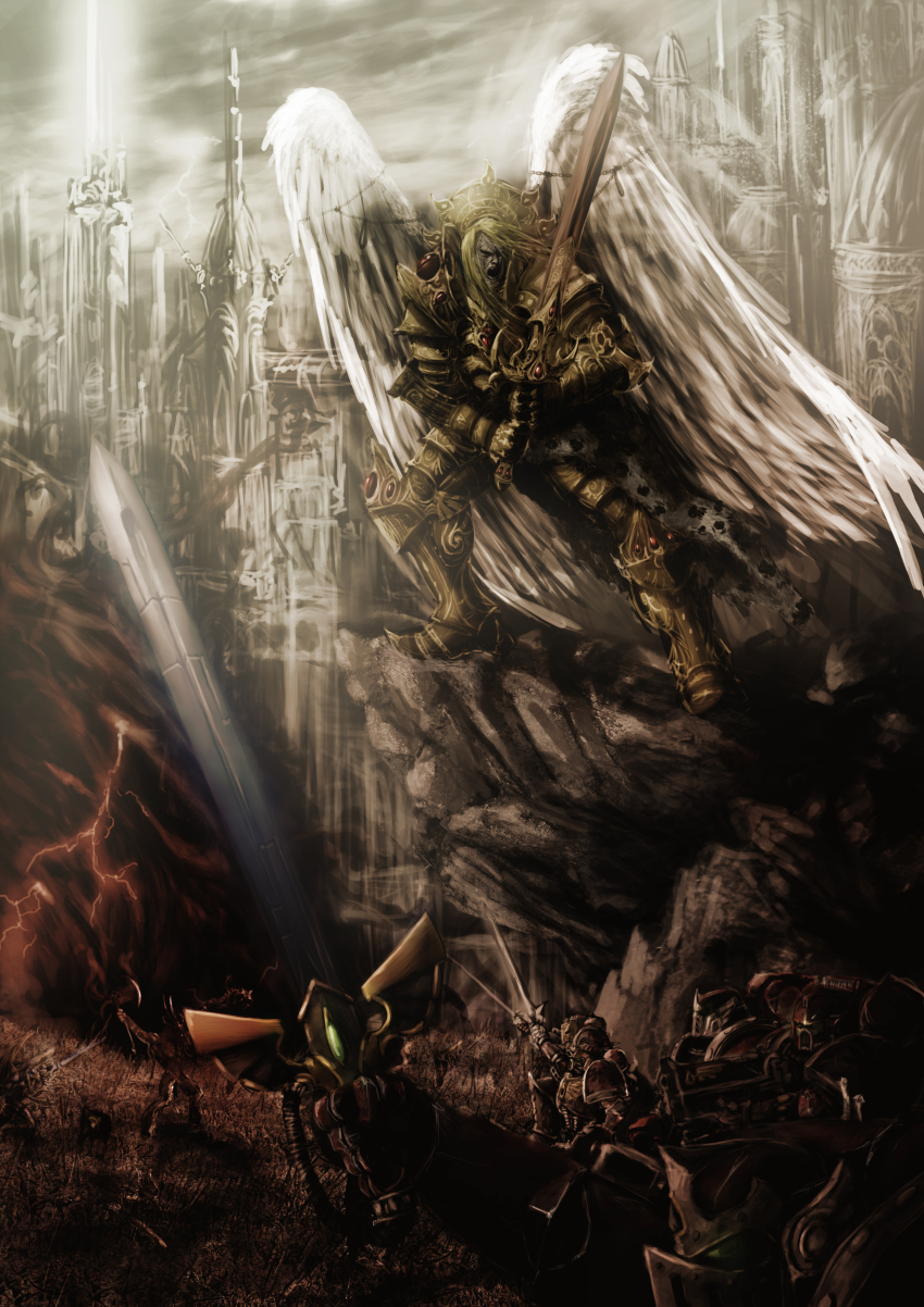 absurdres adeptus_astartes armor axe blade_encarmine blood_angels bolter castle chaos_(warhammer) cliff eyes_of_horus_(warhammer_40k) gladius_incandor halo_effect highres leopard_pelt multiple_boys ornate_armor pelt primarch red_lightning regalia_resplendent sanguinius slaine69 snow_leopard_pelt sword teardrop-shaped_gem warhammer_40k weapon
