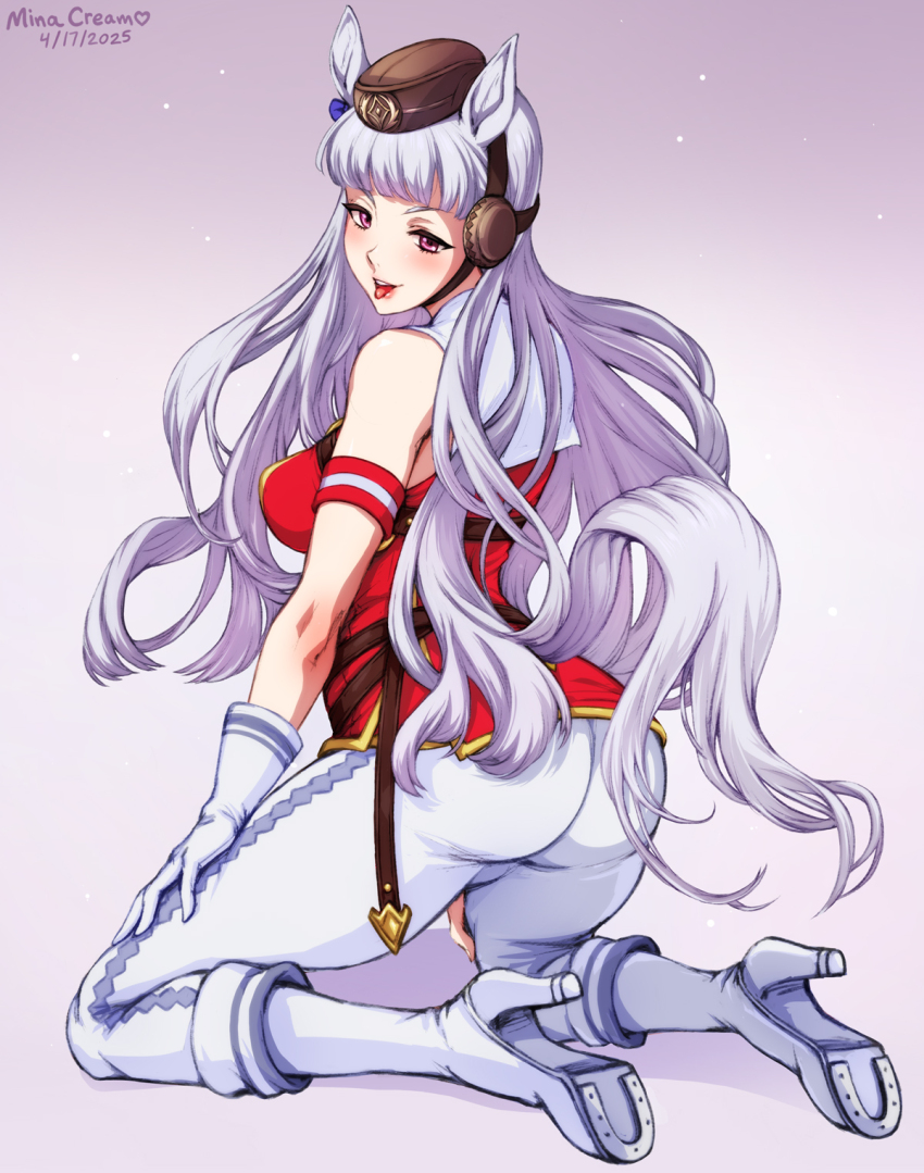1girl animal_ears ass bare_shoulders blush boots breasts dress from_behind gloves gold_ship_(umamusume) hat high_heel_boots high_heels horse_ears horse_girl horse_tail kneeling large_breasts long_hair looking_at_viewer mina_cream open_mouth pants short_dress sideboob smile solo tail tongue tongue_out umamusume very_long_hair white_hair