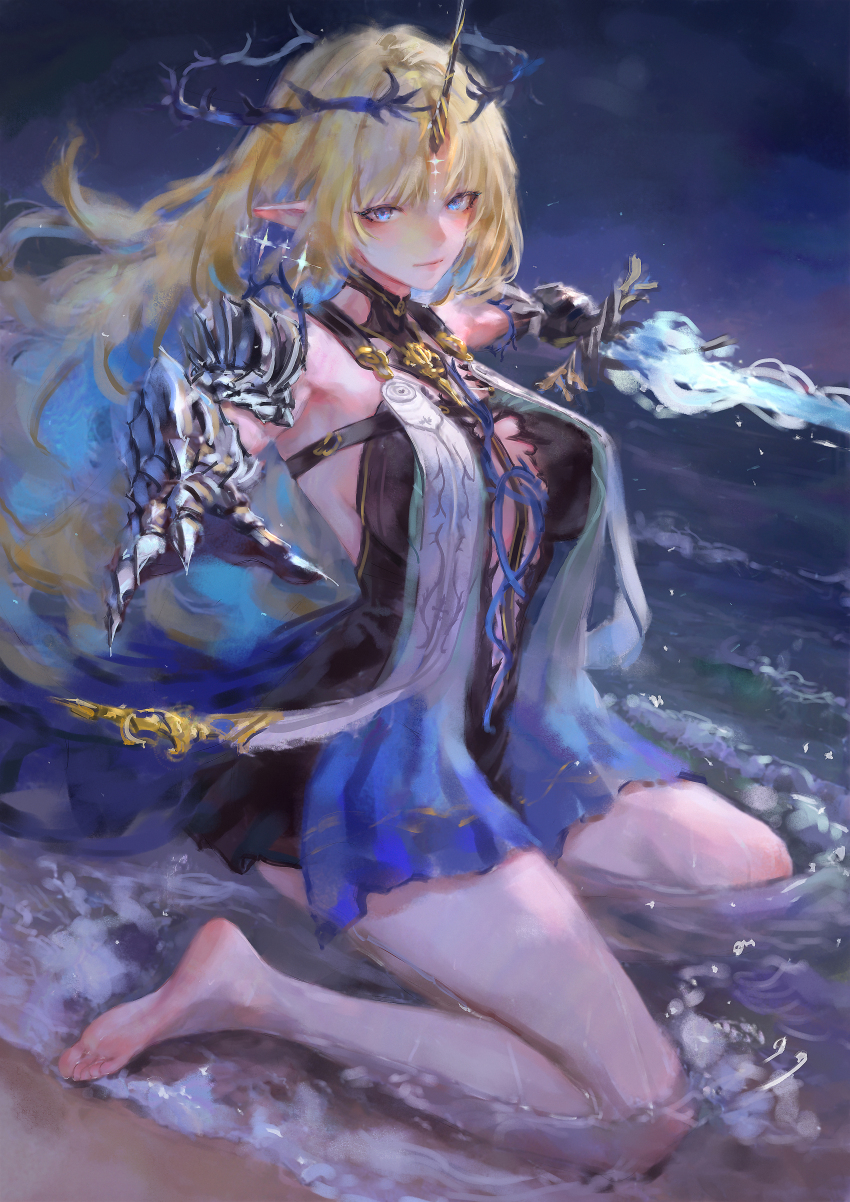 1girl absurdres armor armored_gloves bare_shoulders barefoot beach black_collar black_dress blonde_hair blue_eyes breasts closed_mouth collar colored_inner_hair commentary_request crown_of_thorns dress earrings feet fleurdelys_(wuthering_waves) floating_crown floating_earrings gauntlets highres hjwhuhu holding holding_sword holding_weapon horns jewelry large_breasts legs looking_at_viewer multicolored_hair outstretched_arms pointy_ears shore shoulder_armor single_horn sitting solo sword tabard wariza water waves weapon white_tabard wuthering_waves yellow_horns