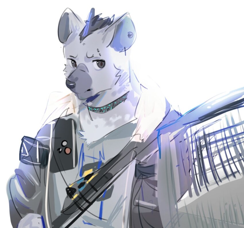 1boy aican arknights ballistic_shield black_hair black_jacket closed_mouth ear_piercing eyebrow_piercing face_piercing furry furry_male grey_fur grey_shirt hyena_boy hyena_ears infection_monitor_(arknights) jacket looking_at_viewer male_focus multicolored_hair piercing shield shirt spot_(arknights) streaked_hair white_background
