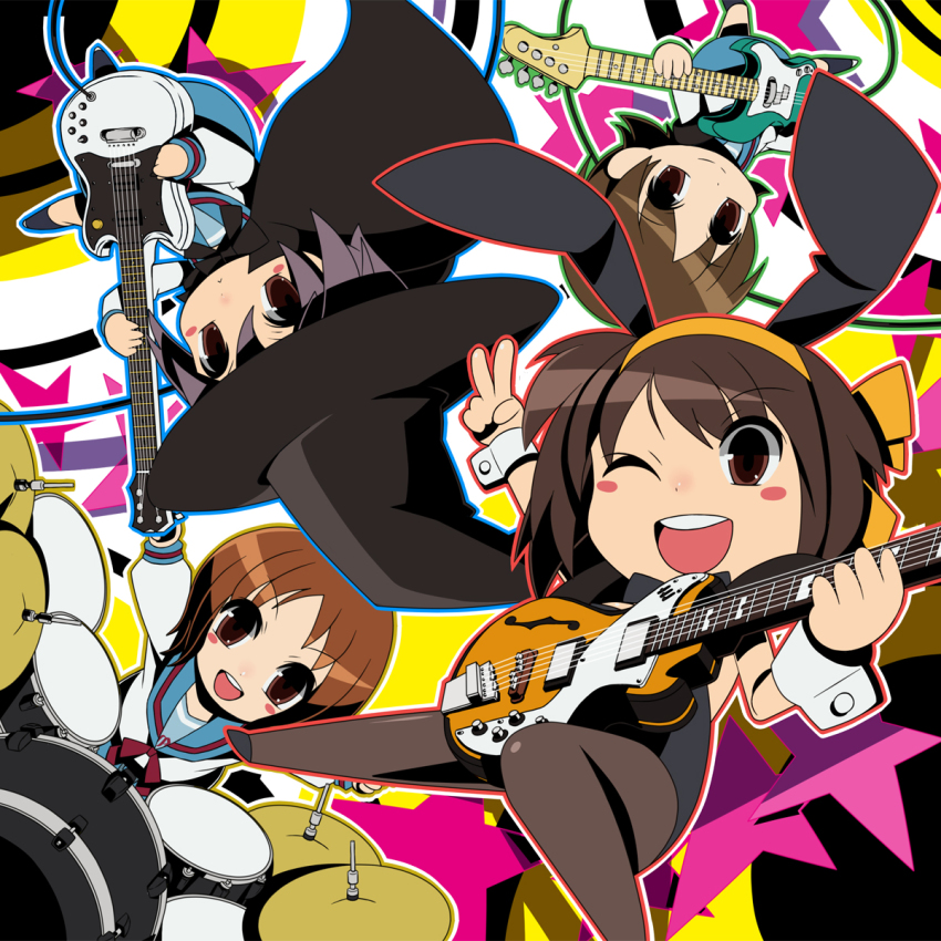 00s 4girls animal_ears bad_id bad_pixiv_id brown_eyes brown_hair cape chibi drum drum_set enoz fake_animal_ears guitar hair_ribbon hajime_(hajime-ill-1st) hat highres instrument leotard multiple_girls nagato_yuki okajima_mizuki one_eye_closed pantyhose playboy_bunny rabbit_ears ribbon school_uniform serafuku short_hair suzumiya_haruhi suzumiya_haruhi_no_yuuutsu v wink witch witch_hat zaizen_mai