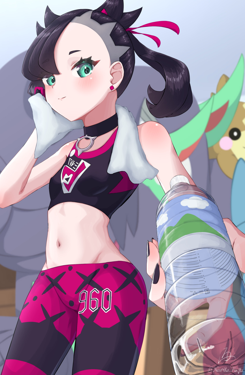 1girl absurdres asymmetrical_bangs black_choker black_hair black_nails bottle breasts choker closed_mouth crop_top earrings gen_4_pokemon gen_8_pokemon green_eyes grey_background grimmsnarl hair_ribbon highres holding holding_bottle holding_towel incoming_drink jewelry looking_at_viewer marnie_(pokemon) midriff morpeko morpeko_(full) narita_fuyu navel nintendo pants pokemon pokemon_(creature) pokemon_swsh ribbon small_breasts solo_focus sports_bra stomach stud_earrings tight_clothes tight_pants towel toxicroak twintails undercut water_bottle