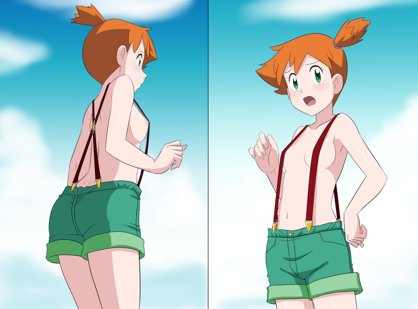 1girl armpits ass asymmetrical_hair blush breasts denim denim_shorts dimples_of_venus gen_1_pokemon green_eyes green_shorts highres kakkii legs looking_at_another looking_at_viewer medium_breasts misty_(pokemon) naked_suspenders navel nintendo orange_hair pokemon pokemon_(anime) pokemon_(classic_anime) ponytail short_shorts shorts side_ponytail smile suspenders sweat sweatdrop takaya_n thighs