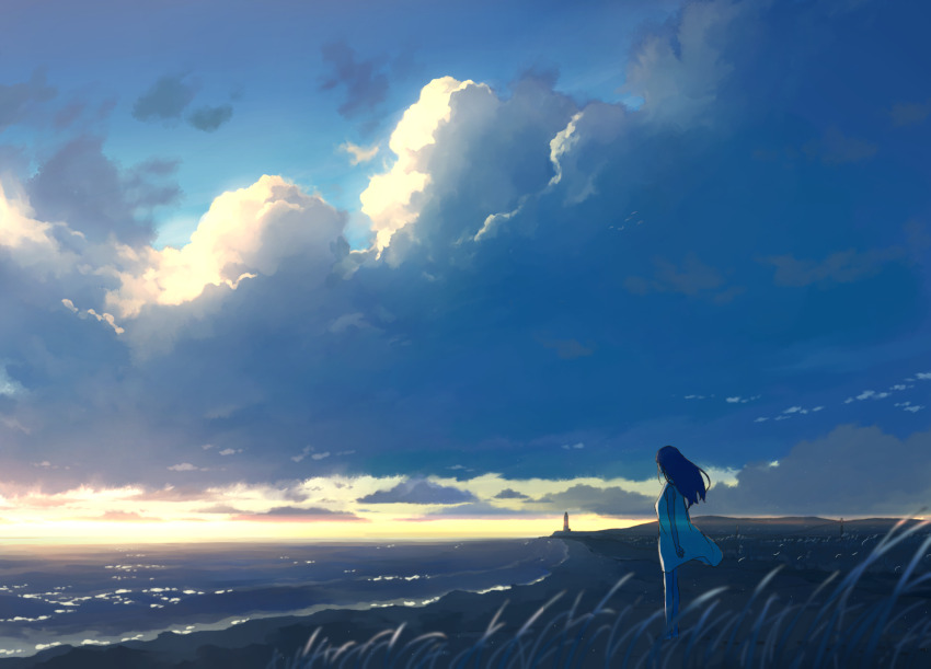 1girl anyotete beach black_hair blue_theme blurry breasts cloud cloudy_sky commentary day depth_of_field dress facing_away floating_hair flock from_side grass highres horizon light_particles long_hair mountainous_horizon ocean original outdoors scenery sky sleeveless sleeveless_dress small_breasts solo standing sundress sunlight sunset white_dress wide_shot