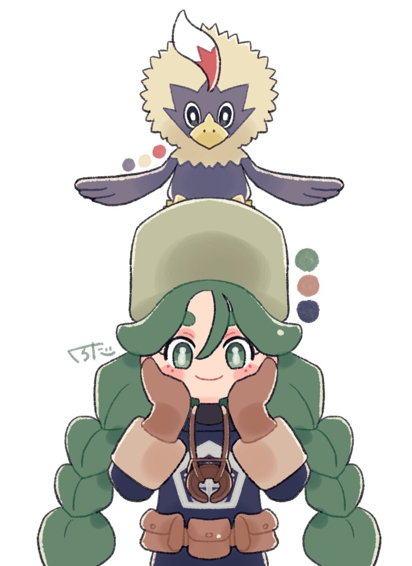 1girl braid brown_mittens closed_mouth gen_5_pokemon green_eyes green_hair hair_between_eyes hat highres jacket kuroda_(krd_pkmn) long_hair long_sleeves looking_at_viewer mittens nintendo on_head pokemon pokemon_(creature) pokemon_legends:_arceus pokemon_on_head rufflet sabi_(pokemon) smile twin_braids upper_body white_background