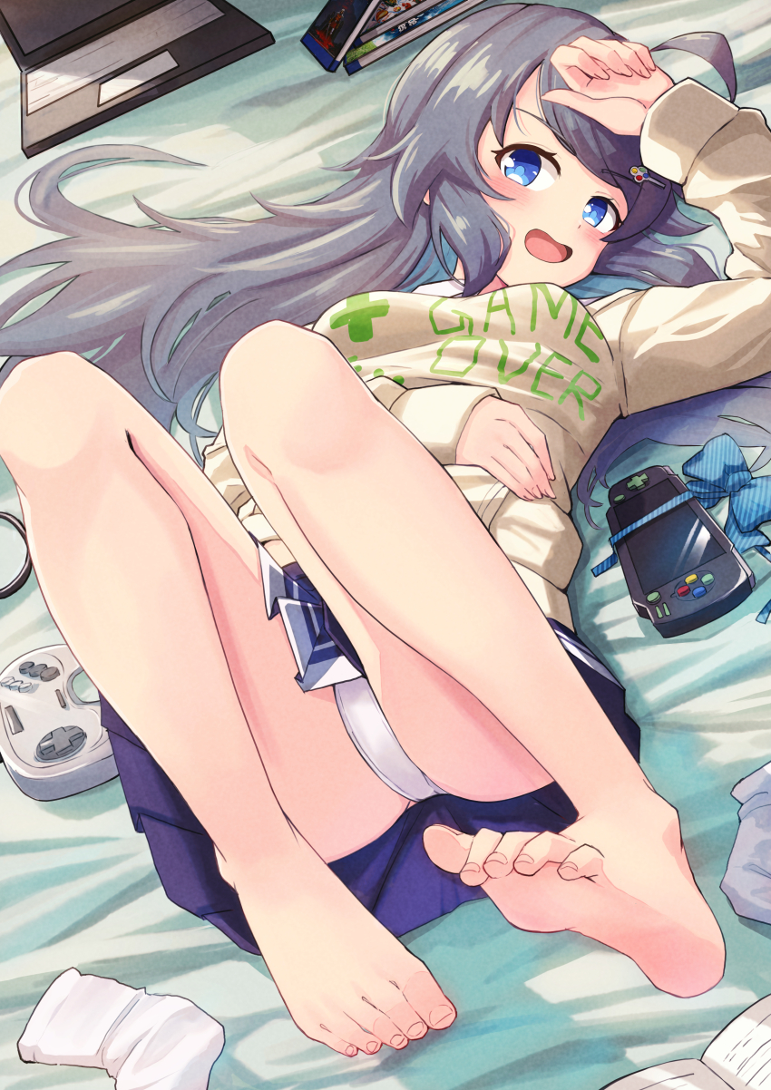 1girl :d absurdres ahoge barefoot blue_eyes blush commission feet hair_ornament highres inohara_koboshi long_hair long_sleeves looking_at_viewer lying ongeki open_mouth panties pixiv_commission pleated_skirt skirt smile socks soles solo toes underwear unworn_socks white_panties yuuka_(a0240765)