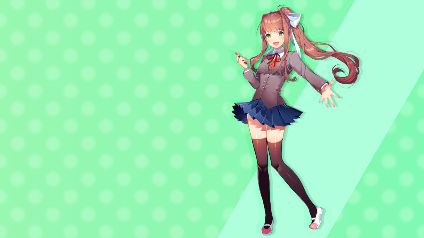1girl :d black_thighhighs blazer blue_skirt blush bow breasts brown_hair brown_sweater_vest buttons collared_shirt contrapposto doki_doki_literature_club doki_doki_literature_club_plus doki_doki_literature_club_school_uniform dot_nose dress_shirt eyebrows_hidden_by_hair fingernails floating_hair game_cg green_background green_eyes grey_jacket grin hair_bow hair_intakes hair_ribbon high_ponytail highres holding holding_pen impossible_clothes jacket large_bow long_eyelashes long_hair long_sidelocks looking_at_viewer mary_janes medium_breasts miniskirt monika_(doki_doki_literature_club) neck_ribbon non-web_source official_art official_wallpaper open_hand open_mouth outstretched_arm pen pleated_skirt polka_dot polka_dot_background ponytail red_ribbon ribbon satchely school_uniform shirt shoes sidelocks skindentation skirt smile solo standing straight-on sweater_vest swept_bangs tareme teeth thick_eyelashes thighhighs thighs upper_teeth_only v-neck very_long_hair white_bow white_shirt white_shoes wing_collar zettai_ryouiki