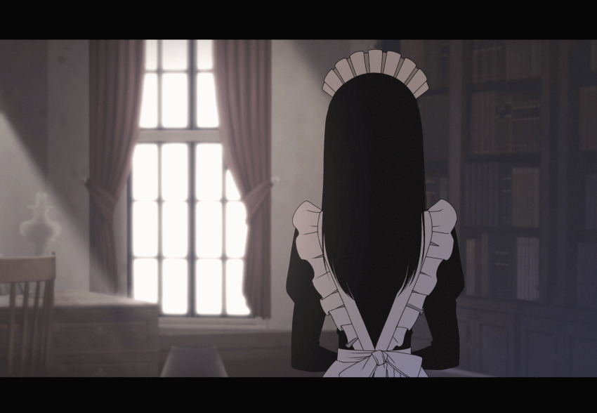 1girl animated animated_gif apron black_hair bookshelf bouncing_breasts breasts breasts_out english_text frilled_apron frills highres kusujinn letterboxed long_hair looking_at_viewer looking_back maid maid_apron maid_headdress medium_breasts nipples original solo subtitled table turning_around upper_body white_apron window