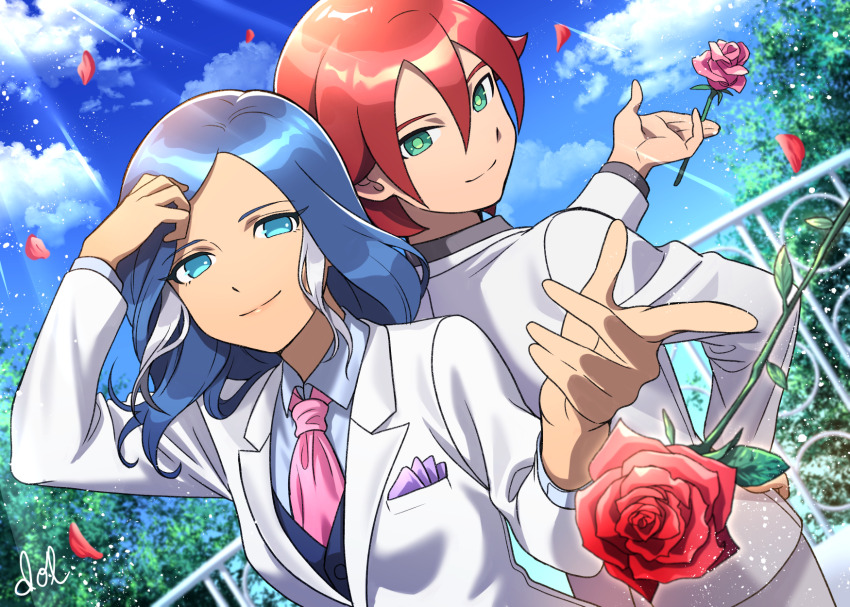 1boy 1girl back-to-back blue_eyes blue_hair blue_shirt blue_sky closed_mouth cloud collared_shirt dolustoy flower formal_clothes green_eyes grey_hair highres holding holding_flower inazuma_eleven_(series) inazuma_eleven_ares_no_tenbin jacket kiyama_hiroto long_hair looking_at_viewer multicolored_hair necktie outdoors pink_flower pink_necktie pink_rose pocket_square red_flower red_hair red_petals red_rose rose shirt sky suit urubida white_jacket white_suit