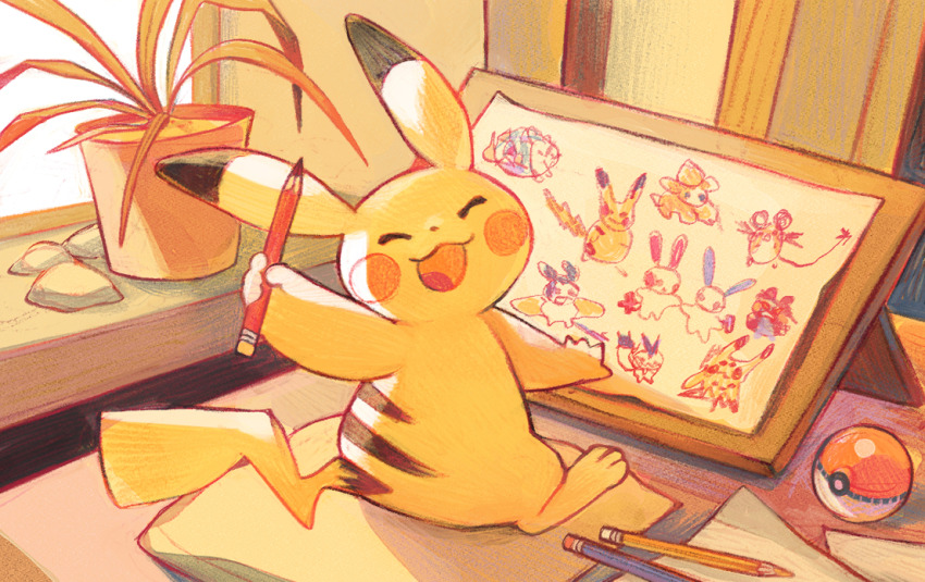 :d alt_text animal_focus child&#039;s_drawing closed_eyes commentary dedenne emolga english_commentary facing_viewer game_freak gen_1_pokemon gen_2_pokemon gen_3_pokemon gen_4_pokemon gen_5_pokemon gen_6_pokemon gen_7_pokemon holding holding_pencil indoors marill mimikyu minun nintendo no_humans open_mouth pachirisu pawmi pencil pikachu plant plusle poke_ball pokemon pokemon_(creature) potted_plant sitting smile solo ver_(verface) window