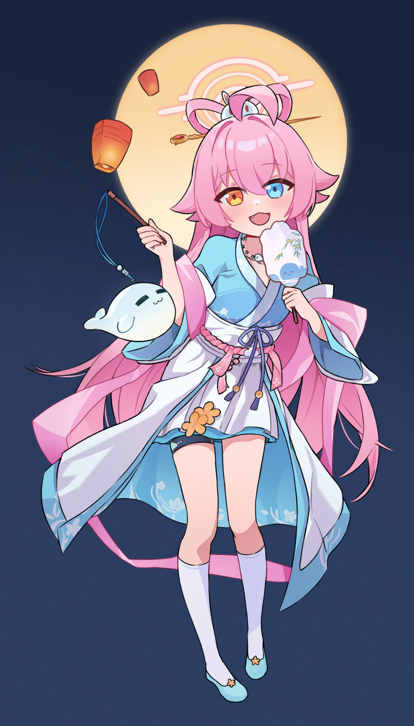 1girl :d absurdres ahoge blue_archive blue_eyes chinese_clothes fang feixianji_(hairstyle) full_body full_moon hair_ornament hair_rings halo hand_fan hanfu heterochromia highres holding hoshino_(blue_archive) hoshino_(mid-autumn_festival)_(blue_archive) jiaoling_ruqun kneehighs long_hair long_sleeves looking_at_viewer moon open_mouth pink_hair simple_background smile socks solo tuanshan yellow_eyes zfj