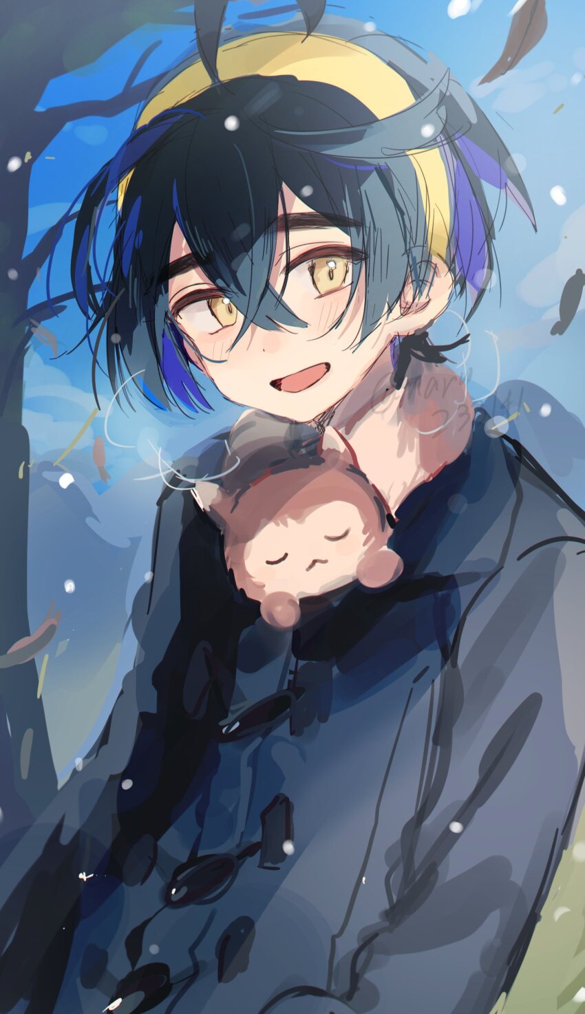 1boy absurdres bare_tree black_coat black_hair blue_hair blush cloud coat commentary crossed_bangs furret gen_2_pokemon hair_between_eyes hairband highres huwatannpopo kieran_(pokemon) leaf long_sleeves looking_at_viewer male_focus mountain multicolored_hair nintendo open_mouth outdoors pokemon pokemon_sv scarf sky symbol-only_commentary tree upper_body yellow_eyes yellow_hairband