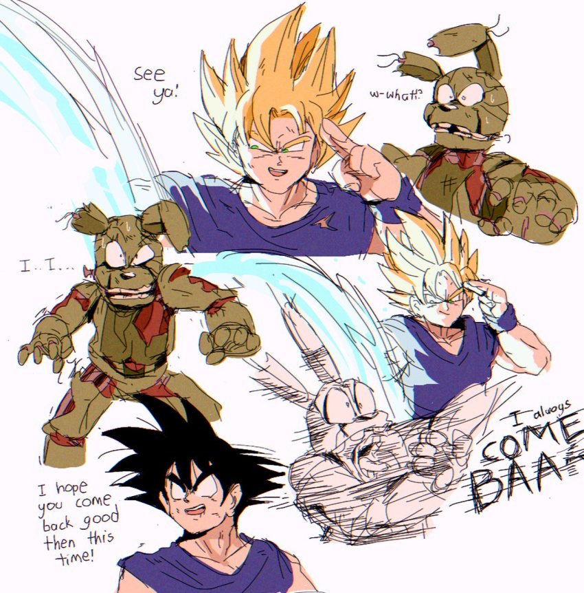2boys animal_ears battle battle_damage bendedede black_eyes black_hair blonde_hair blue_eyes blue_shirt commentary crossover destroyed dragon_ball dragonball_z energy_ball english_commentary english_text five_nights_at_freddy&#039;s genki_dama hand_on_own_face highres male_focus multiple_boys multiple_views non-humanoid_robot open_mouth rabbit_ears robot robot_animal shirt son_goku spiked_hair springtrap super_saiyan super_saiyan_1 sweat sweatdrop teeth upper_teeth_only wristband