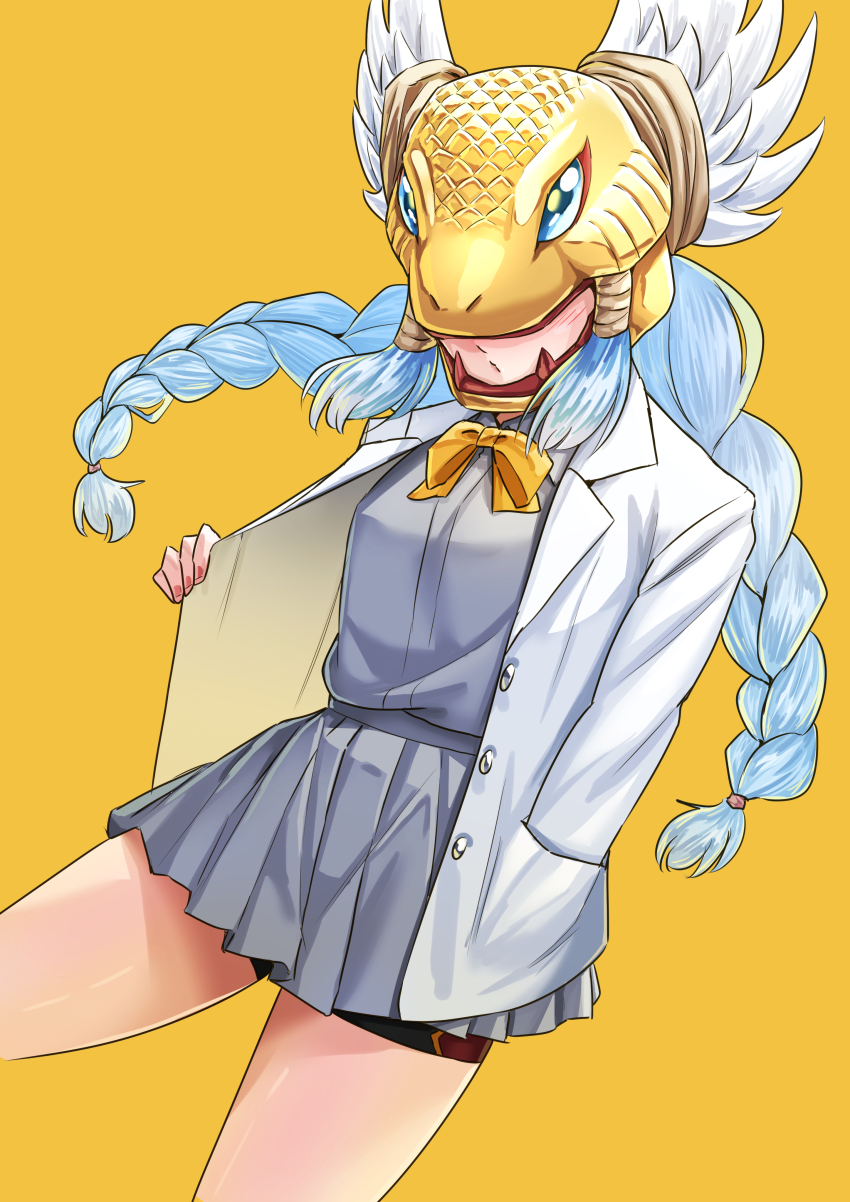1girl absurdres alternate_costume bike_shorts bike_shorts_under_skirt blue_hair bow bowtie braid breasts collared_shirt commentary_request covered_eyes cowboy_shot digimon digimon_(creature) digimon_story:_time_stranger floating_hair gold_helmet grey_shirt grey_skirt hair_ribbon hand_in_pocket hasegawa_(hase_popopo) helmet helmet_over_eyes highres jacket light_blush long_hair long_sleeves medium_breasts minervamon miniskirt open_clothes open_jacket parted_lips pleated_skirt red_nails ribbon school_uniform shirt skirt solo standing tress_ribbon twin_braids very_long_hair white_jacket winged_helmet yellow_background yellow_bow yellow_bowtie