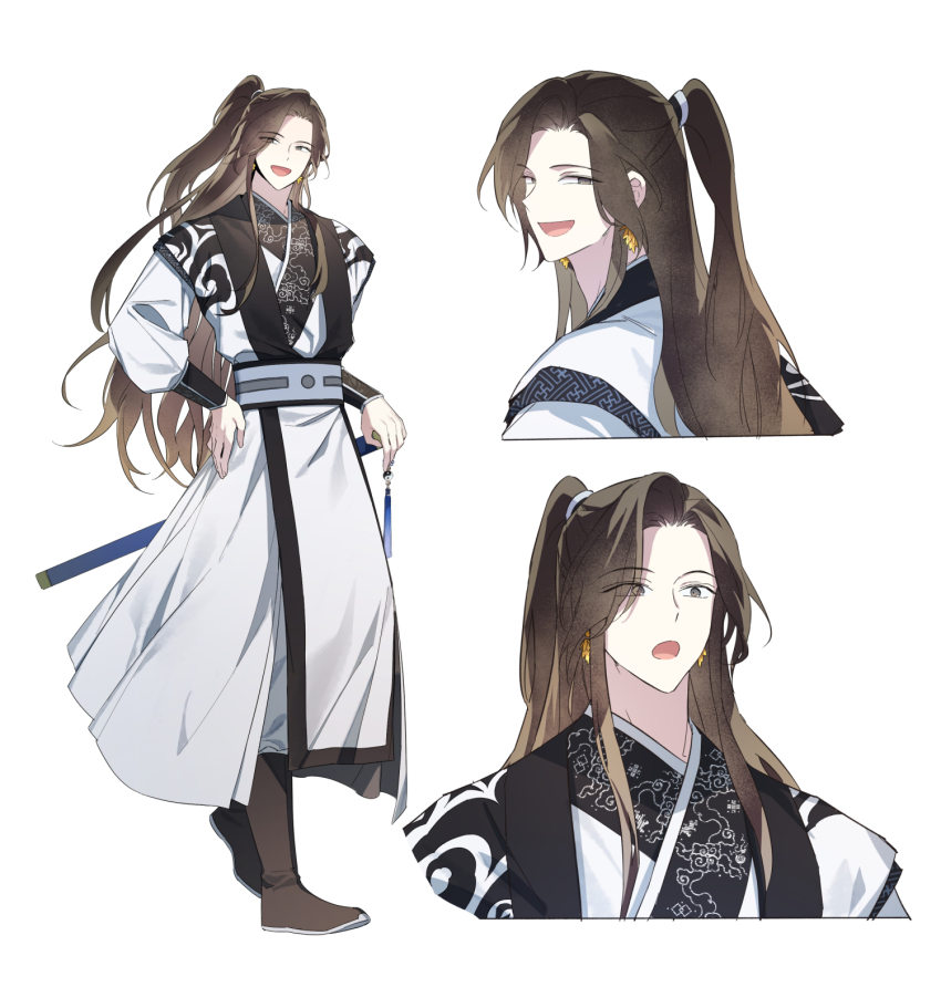 1boy :o boots brown_boots brown_eyes brown_hair chinese_clothes earrings full_body gold_earrings half-closed_eyes half_updo hanfu high_ponytail highres hyo_wol jewelry jinhongi korean_commentary long_hair long_sleeves looking_ahead looking_at_viewer looking_back male_focus multiple_views official_art oh_wolrang open_mouth pants ponytail reference_sheet sheath sheathed simple_background smile standing sword sword_tassel tassel upper_body weapon white_background white_hanfu white_pants yin_yang zhijupao