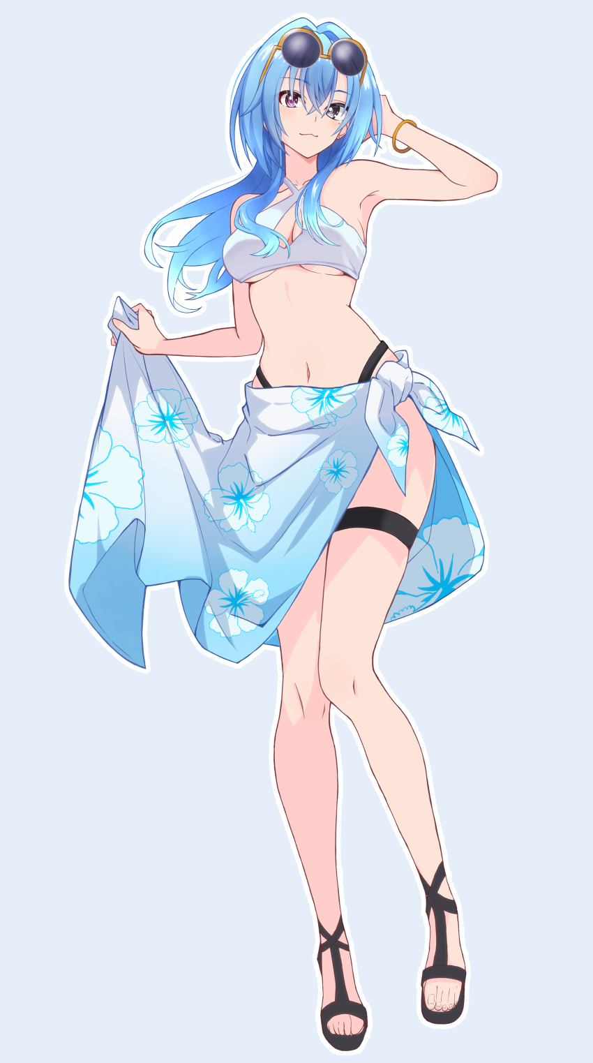 1girl :3 absurdres aogiri_koukou armpits bare_arms bikini blue_background blue_hair bracelet breasts criss-cross_halter crossed_bangs eyewear_on_head floating_hair floral_print full_body hair_between_eyes halterneck harusame_urame hibiscus_print highres jewelry long_hair medium_breasts outline print_sarong round_eyewear sarong skindentation solo standing sunglasses swimsuit thigh_strap underboob virtual_youtuber white_bikini white_outline x_tyf0h9