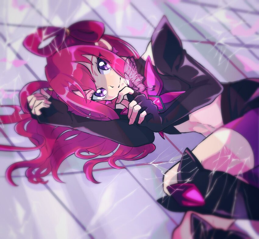 1girl bike_shorts bikini black_bikini black_gloves black_shirt black_skirt boots bug butterfly butterfly_earrings butterfly_on_hand crystal dark_cure_(yes!_precure_5) dark_dream earrings fingerless_gloves fingernails gloves hair_rings highres insect jewelry knee_boots long_hair looking_at_viewer lying pink_hair precure purple_eyes shirt skirt swimsuit tada535382 yes!_precure_5