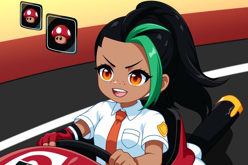 1girl absurdres black_hair collared_shirt crossover freckles go-kart green_hair highres mario_(series) mario_kart multicolored_hair naranja_academy_school_uniform necktie nemona_(pokemon) nintendo orange_eyes orange_necktie pokemon pokemon_sv school_uniform shirt signature solo steering_wheel su1zide super_mushroom two-tone_hair white_shirt