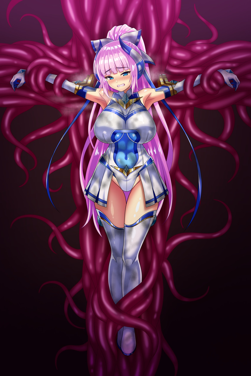 1girl absurdres bare_shoulders blue_eyes blush boots breasts clenched_teeth covered_navel elbow_gloves element_venus full_body gloves high_ponytail highleg highleg_leotard highres impossible_clothes impossible_leotard kisaragi_nozomi large_breasts leotard long_hair looking_at_viewer magical_girl outstretched_arms pink_hair ponytail restrained shinsou_seiki_elementia shiny_clothes shiny_skin sirano skin_tight skirt solo sweat teeth tentacles thigh_boots thigh_gap thighhighs very_long_hair white_gloves white_leotard white_thighhighs