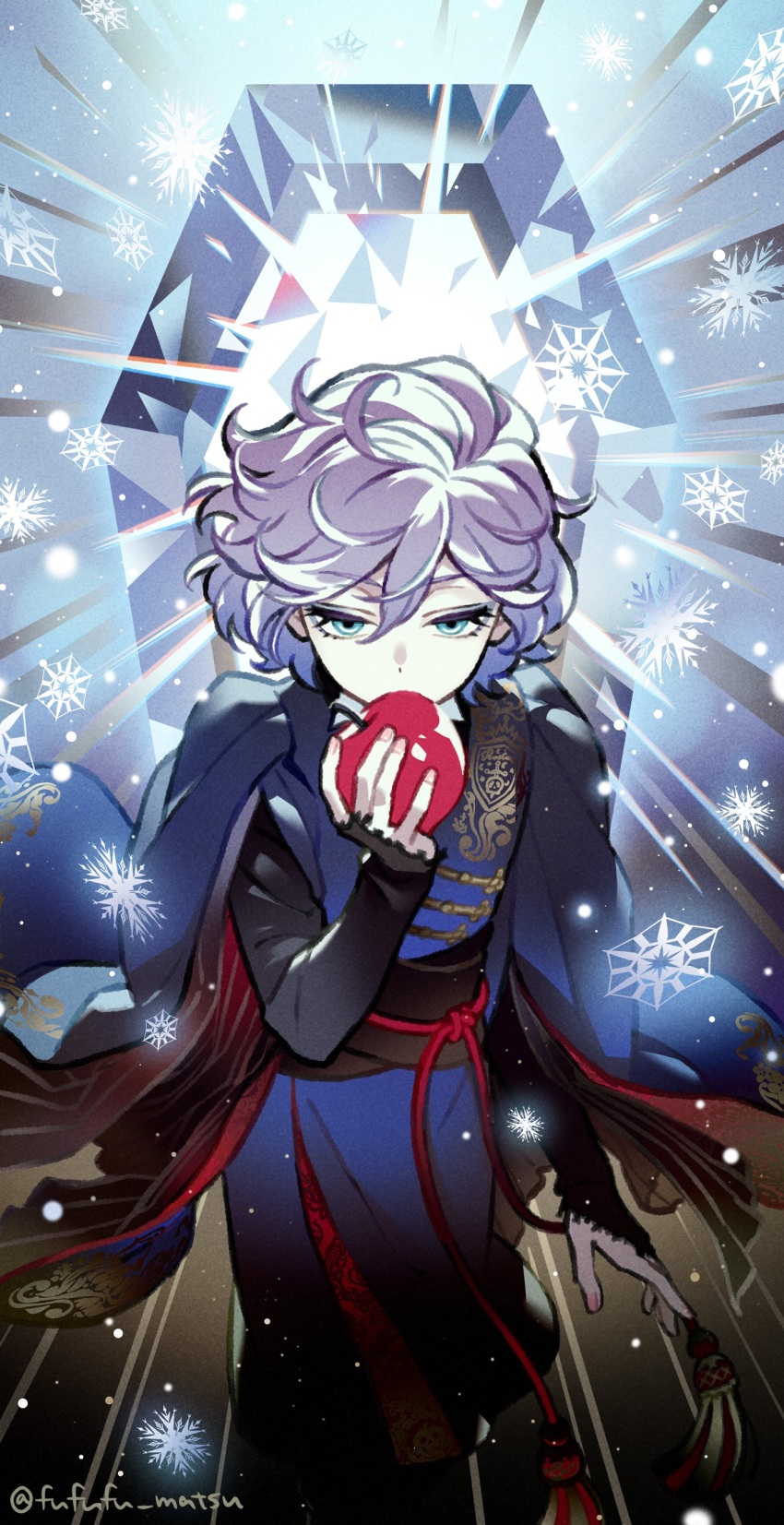 1boy absurdres apple blue_background blue_eyes blue_robe commentary_request epel_felmier feet_out_of_frame food fruit funuyu highres holding holding_food holding_fruit looking_at_viewer male_focus purple_hair robe short_hair solo twisted_wonderland