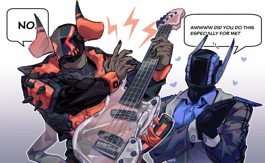 2boys armor black_gloves black_jacket black_nails blue_shirt buttons collared_shirt dark-skinned_male dark_skin electric_guitar english_text gloves guitar hands_up heart helmet highres horns hyperlaser_(phighting!) instrument jacket katana_(phighting!) leather leather_jacket multiple_boys namdam096 pauldrons phighting! red_horns roblox shirt shoulder_armor simple_background speech_bubble spiked_pauldrons spikes white_background