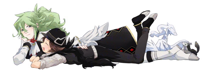 2boys :d black_hat black_shoes black_vest boots brown_hair closed_eyes commentary_request gen_3_pokemon gen_5_pokemon green_hair hand_on_another&#039;s_back hat head_rest hilbert_(fall_2020)_(pokemon) hilbert_(pokemon) legendary_pokemon long_hair looking_to_the_side lying male_focus mightyena multiple_boys n_(anniversary_2021)_(pokemon) n_(pokemon) nintendo official_alternate_costume on_stomach open_mouth pants pokemon pokemon_(creature) pokemon_masters_ex reshiram shirt shoes short_hair simple_background smile tarai_(yamadarairai) vest white_background white_boots