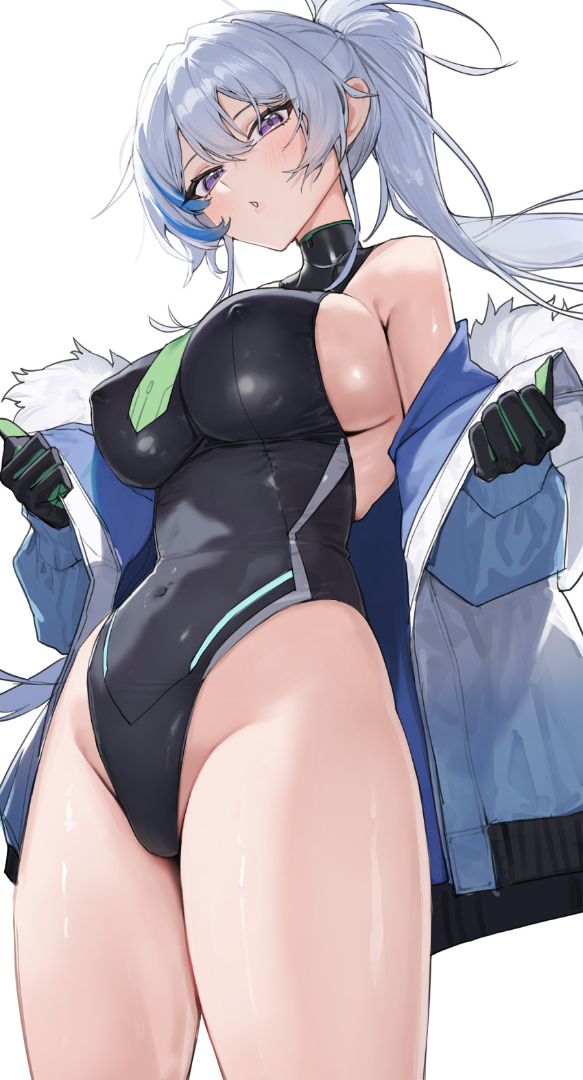 1girl absurdres bare_shoulders black_gloves black_leotard blue_hair blue_jacket blush breasts commentary covered_erect_nipples covered_navel cowboy_shot double-parted_bangs ephnel floating_hair fur-trimmed_jacket fur_trim gloves green_necktie grey_hair groin hair_between_eyes halter_leotard halterneck highleg highleg_leotard highres jacket large_breasts leotard long_hair long_sleeves looking_at_viewer looking_down multicolored_hair necktie off_shoulder open_clothes open_jacket opened_by_self parted_lips ponytail puffy_long_sleeves puffy_sleeves purple_eyes revision sideboob simple_background solo soulworker standing streaked_hair sway_back tunamayo_(dsasd751) white_background