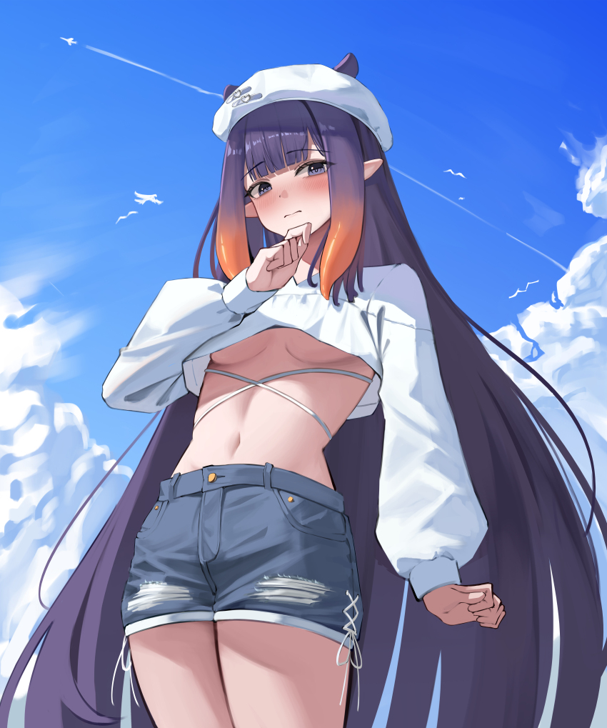 1girl absurdres aircraft airplane beret blue_shorts blue_sky breasts closed_mouth cloud cloudy_sky contrail cropped_shirt day denim denim_shorts gradient_hair grey_eyes hat highres hololive hololive_english long_hair mata_tab1 multicolored_hair navel ninomae_ina&#039;nis orange_hair outdoors pointy_ears purple_hair shirt short_shorts shorts simple_bird sky small_breasts solo underboob very_long_hair virtual_youtuber white_shirt