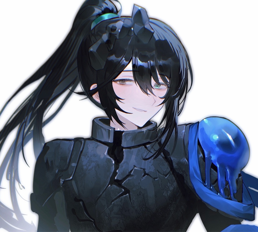 1boy aqua_eyes armor black_armor black_hair bonno_sasu cavernous_wailing_(e.g.o) e.g.o_(project_moon) grey_eyes hair_tie heterochromia high_ponytail highres hong_lu_(project_moon) limbus_company long_hair looking_at_viewer parted_lips ponytail project_moon rock smile solo very_long_hair